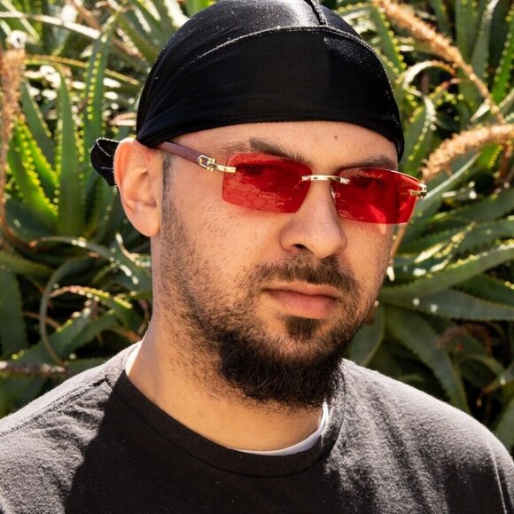 Retro Vintage Rectangle Rimless Gold Frame Red Tint 90s Vintage Sunglasses - Picture 3 of 6